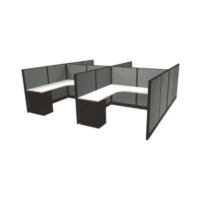 4 person cubicle configuration with 53"H panels, L-shape worksurfaces, and storage that can all be customized