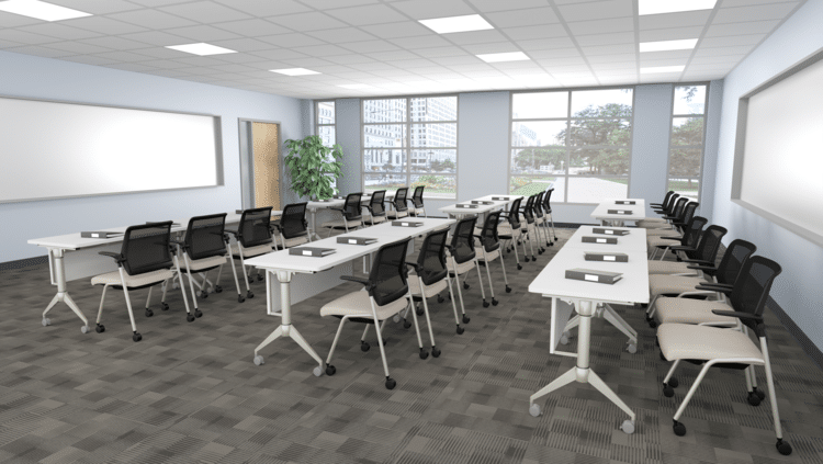 training room tables with nesting chairs and wall mounted white board